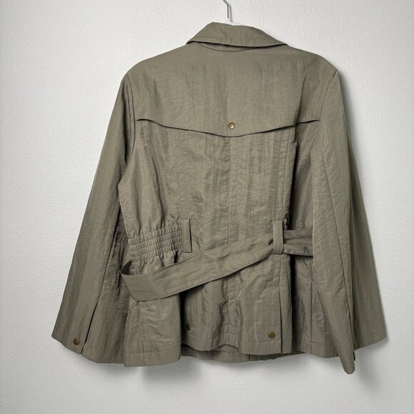 J Jill Cargo Utility Jacket Petite L LP Green Nylon Snap Safari Trench Belt Coat - Picture 3 of 11
